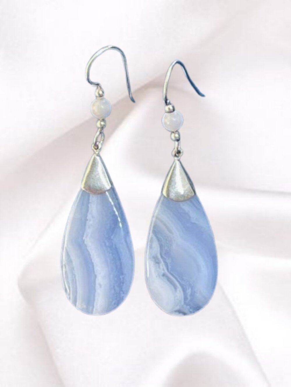 Blue Lace Agate dangling Teardop Earrings in Sterling Silver